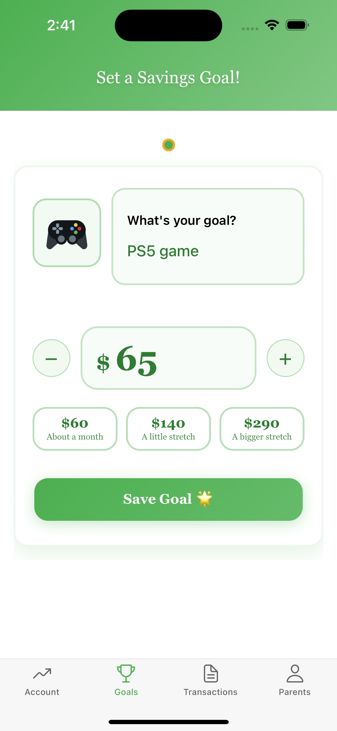 Goals screen showing a savings goal and its progress